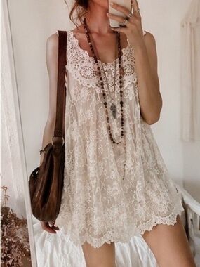 American Rag Ivory Lace Boho Sheer Tunic Mini Dress | Medium